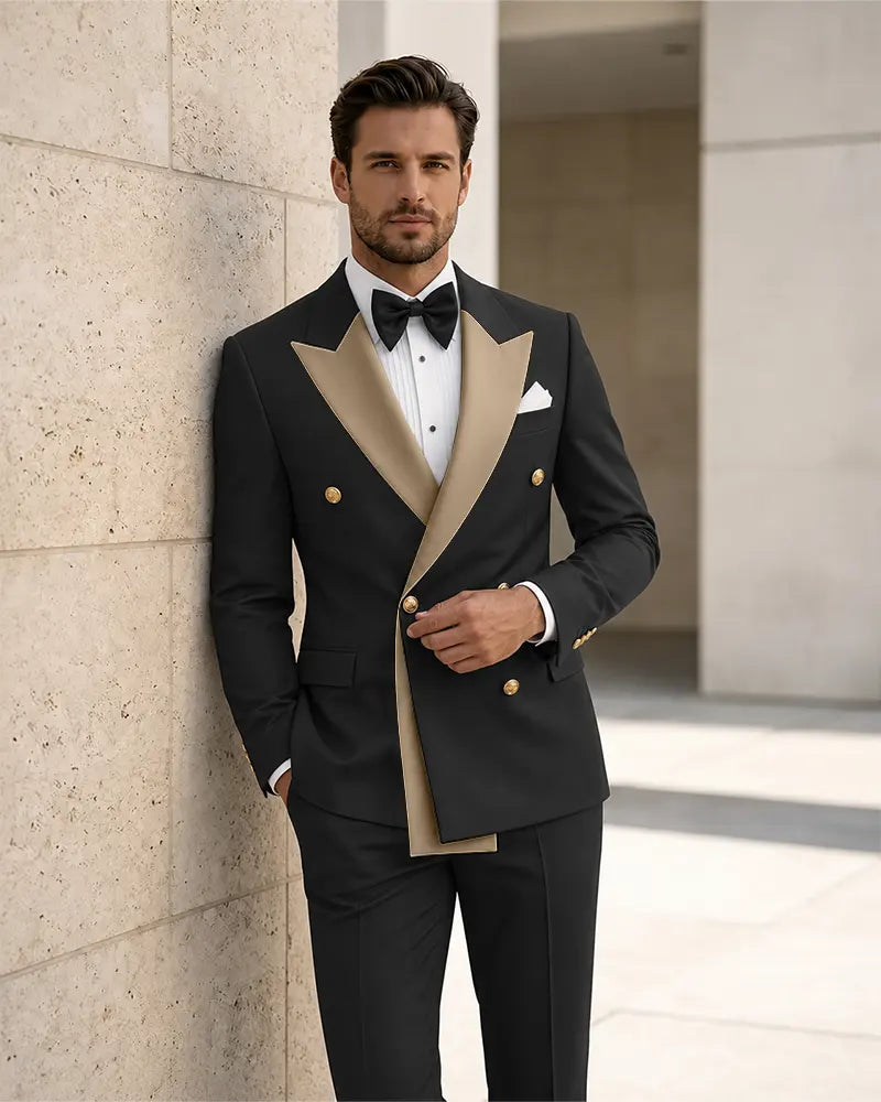 Contrast Peak Lapel Asymmetrical 2 Piece Suit-Brown-1