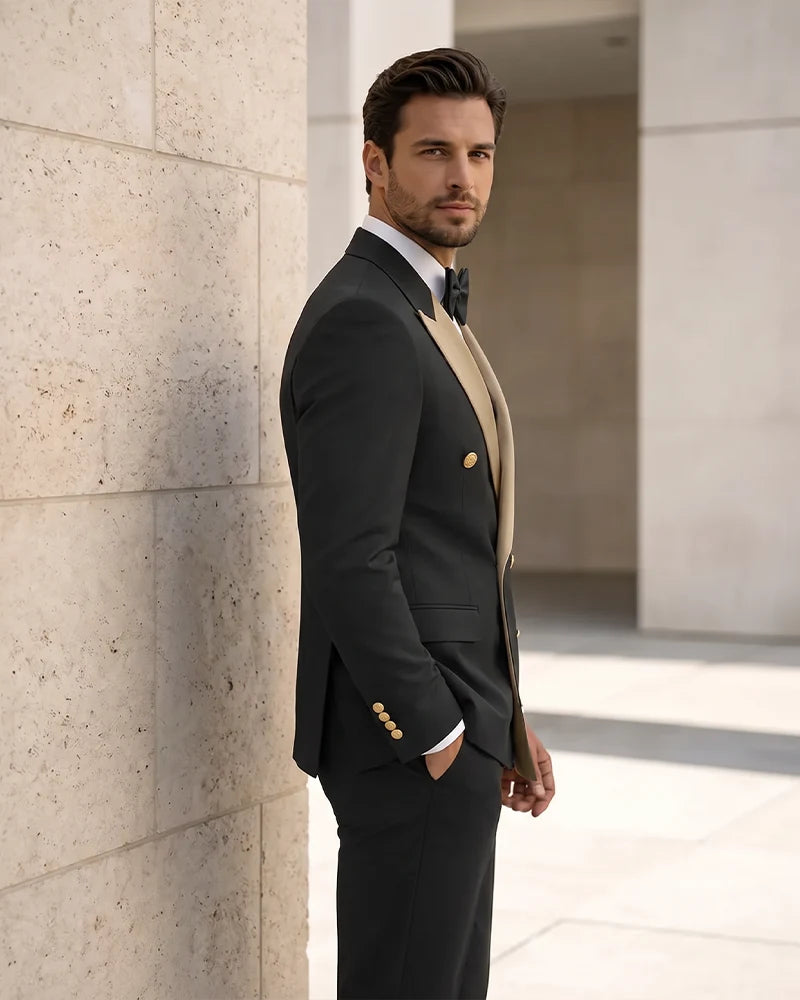 Contrast Peak Lapel Asymmetrical 2 Piece Suit-Brown-2