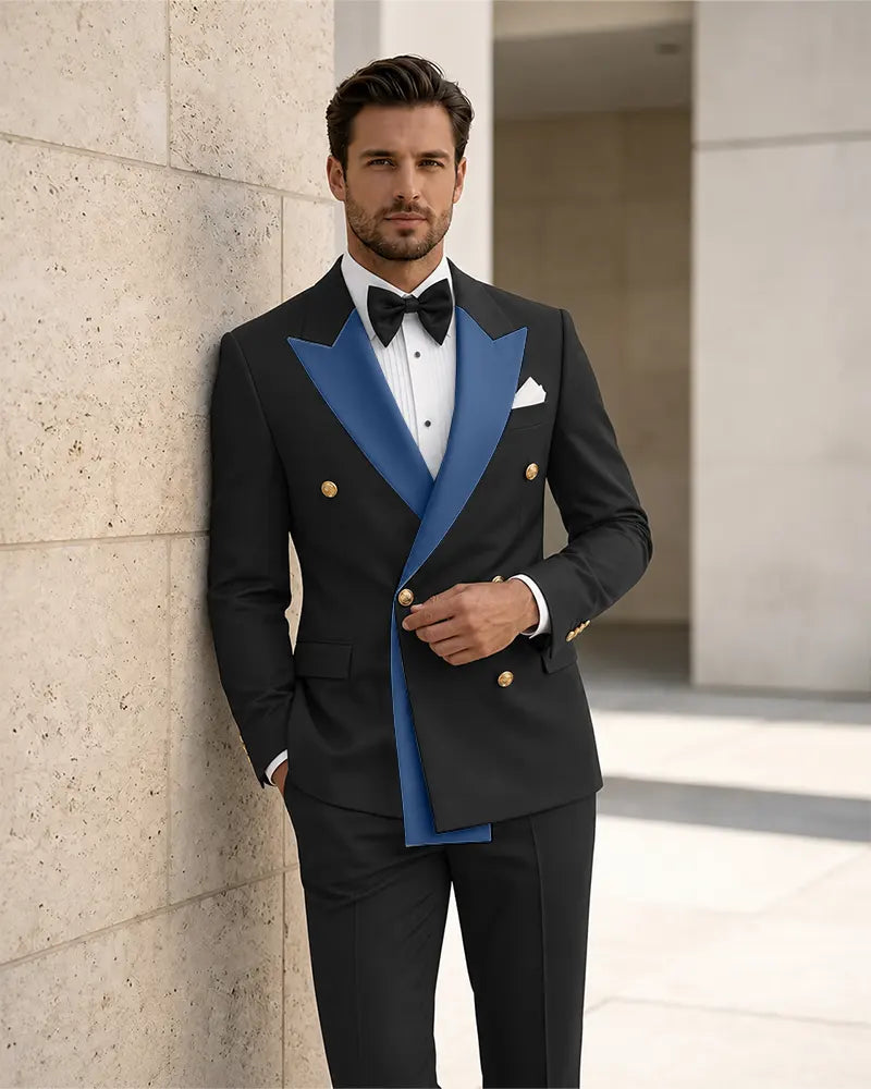 Contrast Peak Lapel Asymmetrical 2 Piece Suit-DarkNavy-1