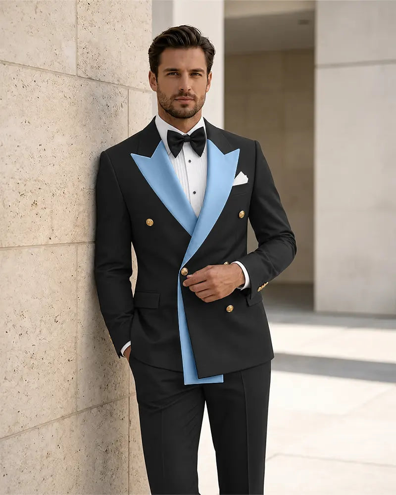 Contrast Peak Lapel Asymmetrical 2 Piece Suit-LightSkyBlue-1