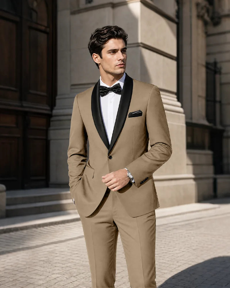 Shawl Lapel Tuxedo 2 Piece Suit-Brown-1