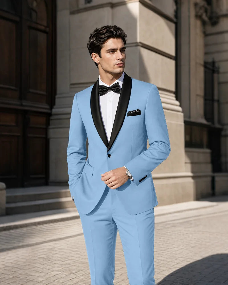 Shawl Lapel Tuxedo 2 Piece Suit-LightSkyBlue-1