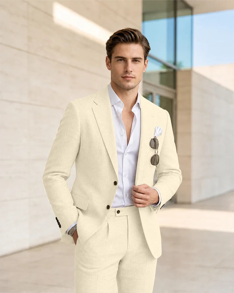 Notch Lapel Textured Linen 2 Piece Suit
