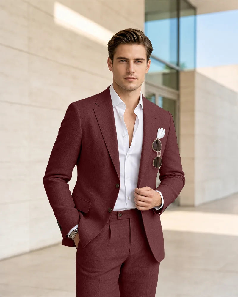 Notch Lapel Textured Linen 2 Piece Suit