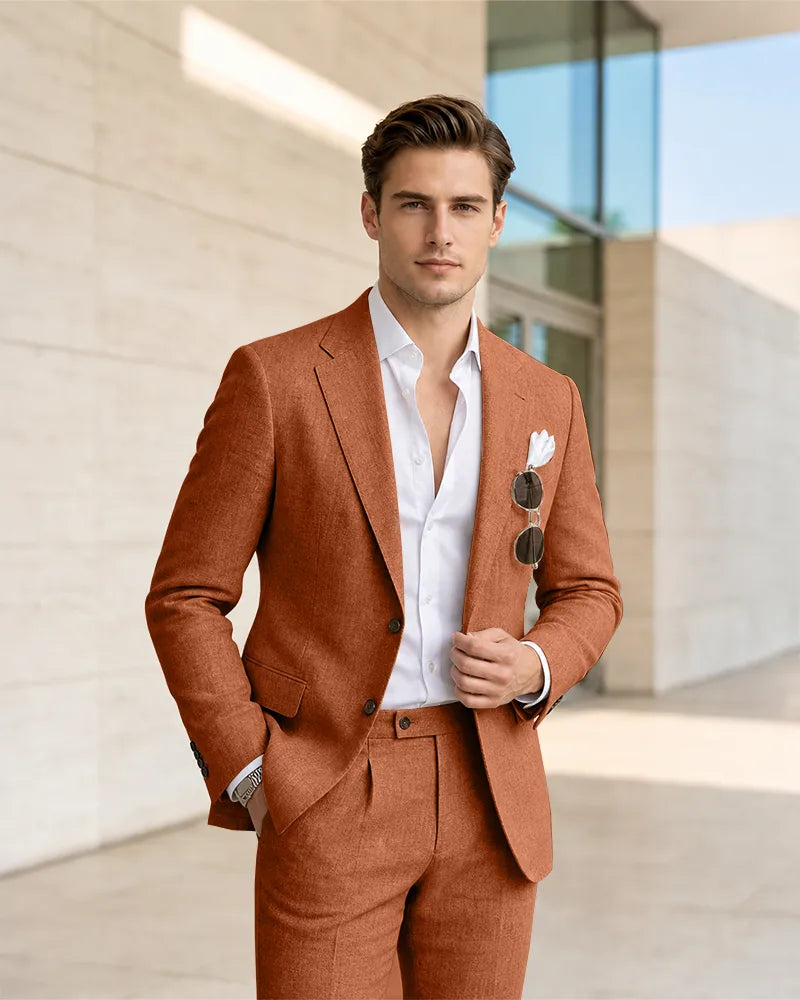 Notch Lapel Textured Linen 2 Piece Suit