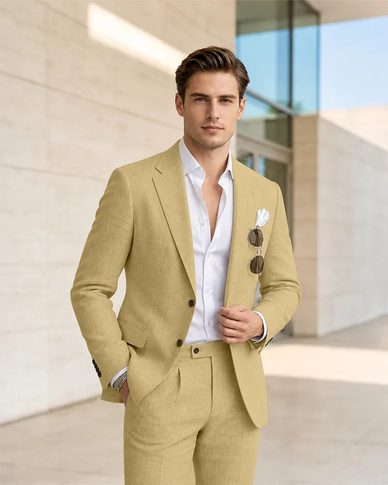 Notch Lapel Textured Linen 2 Piece Suit