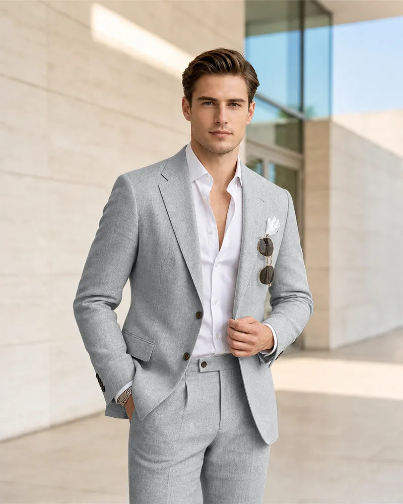 Notch Lapel Textured Linen 2 Piece Suit