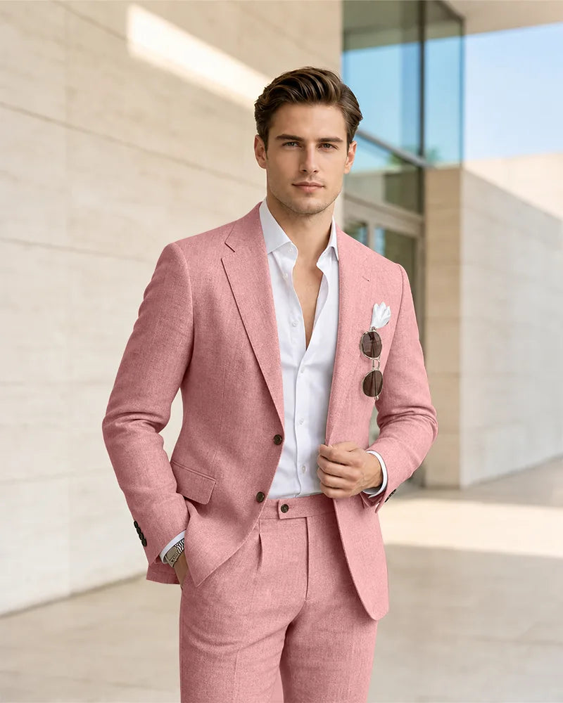 Notch Lapel Textured Linen 2 Piece Suit