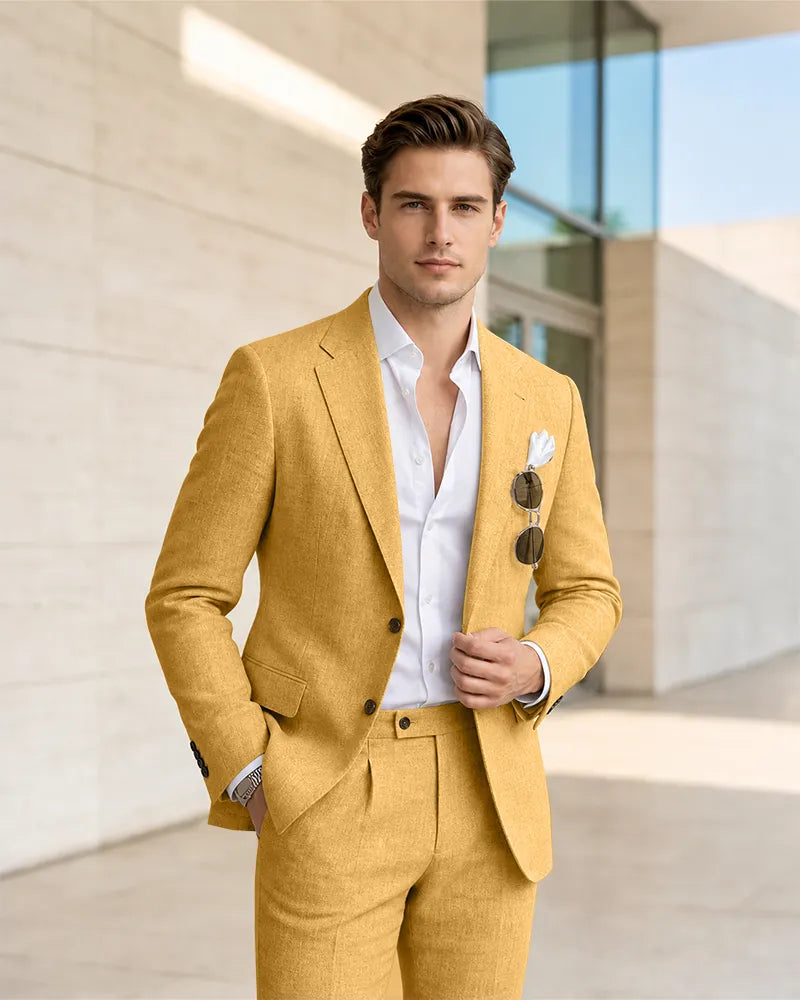 Notch Lapel Textured Linen 2 Piece Suit