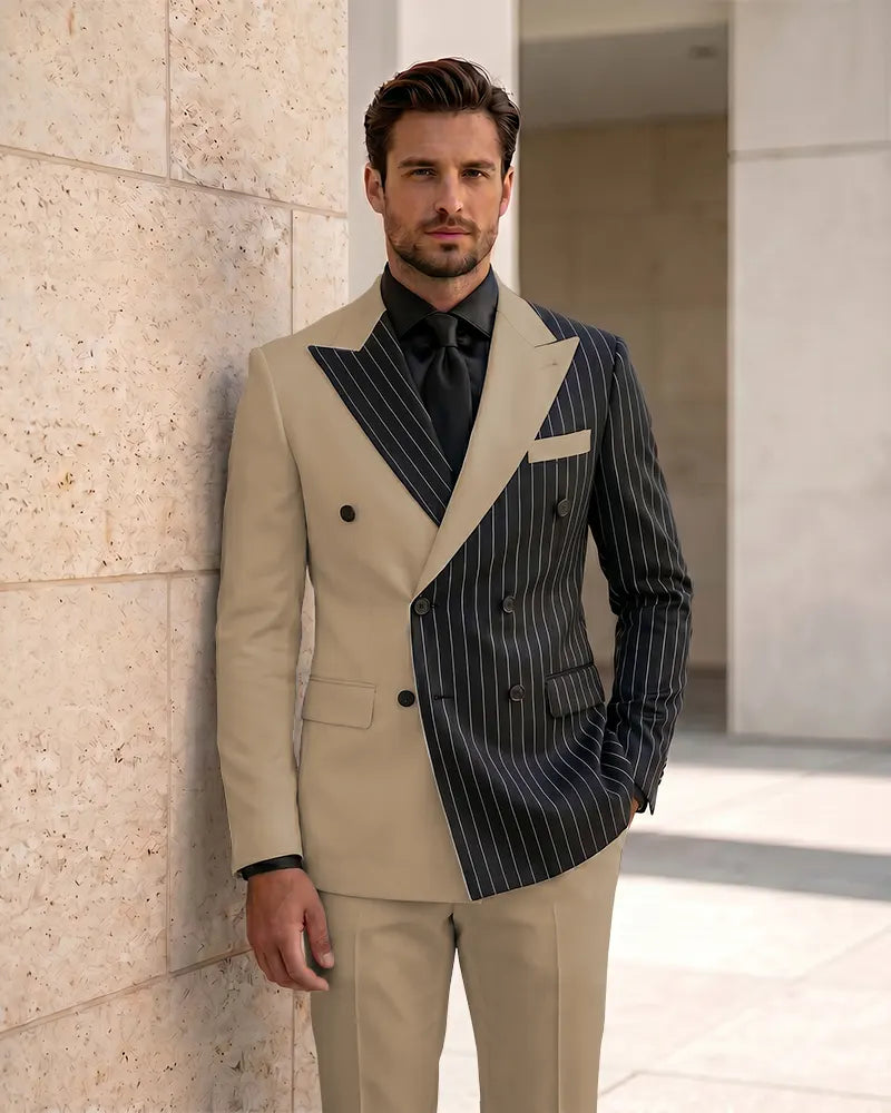 Asymmetric Two-Tone Pinstripe Double Breasted 2 Piece Suit-Brown-1