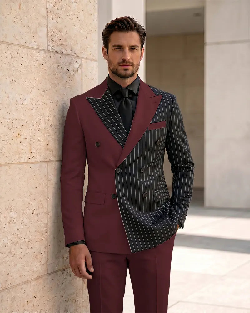 Asymmetric Two-Tone Pinstripe Double Breasted 2 Piece Suit-Burgundy-1