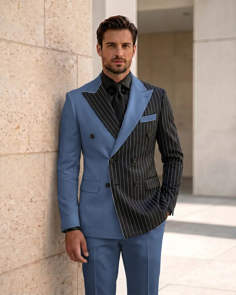 Asymmetric Two-Tone Pinstripe Double Breasted 2 Piece Suit-DarkNavy-1