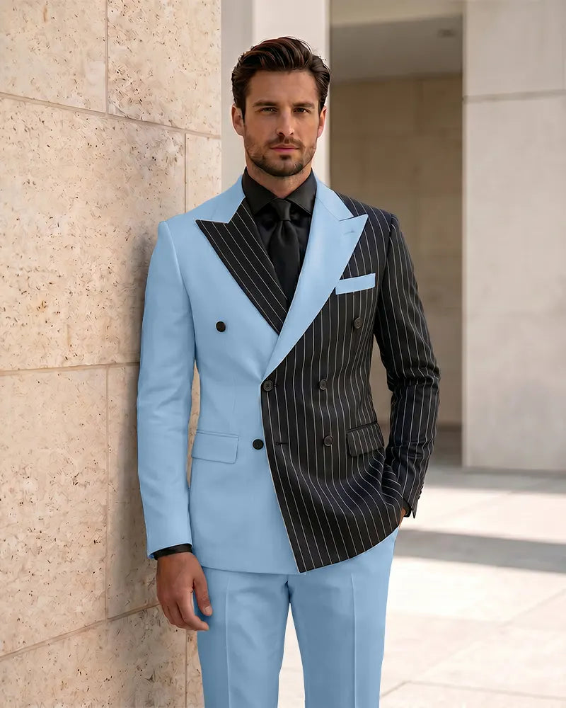 Asymmetric Two-Tone Pinstripe Double Breasted 2 Piece Suit-LightSkyBlue-1