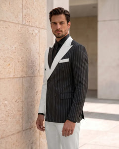 Asymmetric Two-Tone Pinstripe Double Breasted 2 Piece Suit-White-2