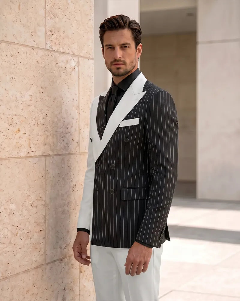 Asymmetric Two-Tone Pinstripe Double Breasted 2 Piece Suit-White-2
