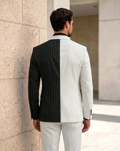 Asymmetric Two-Tone Pinstripe Double Breasted 2 Piece Suit-White-3