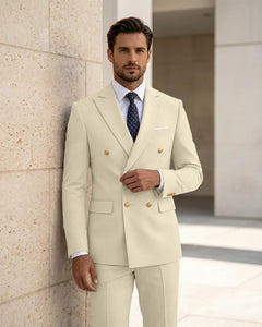 2 Piece Slim Fit Double Breasted Peak Lapel Suit -Beige -1
