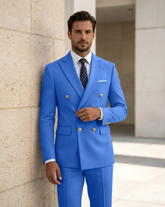 2 Piece Slim Fit Double Breasted Peak Lapel Suit -Blue -1
