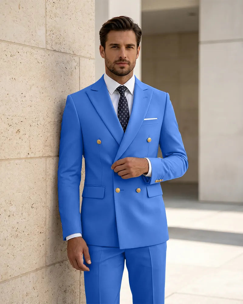 2 Piece Slim Fit Double Breasted Peak Lapel Suit -Blue -1
