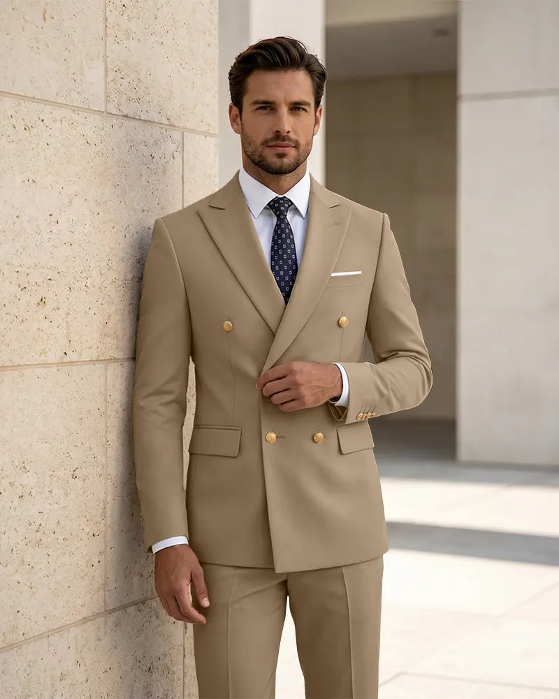 2 Piece Slim Fit Double Breasted Peak Lapel Suit-Brown-1
