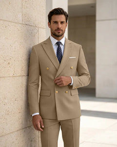 2 Piece Slim Fit Double Breasted Peak Lapel Suit -Brown -1
