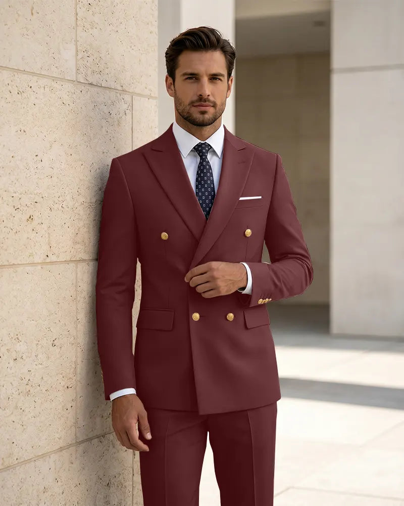 2 Piece Slim Fit Double Breasted Peak Lapel Suit -Burgundy -1
