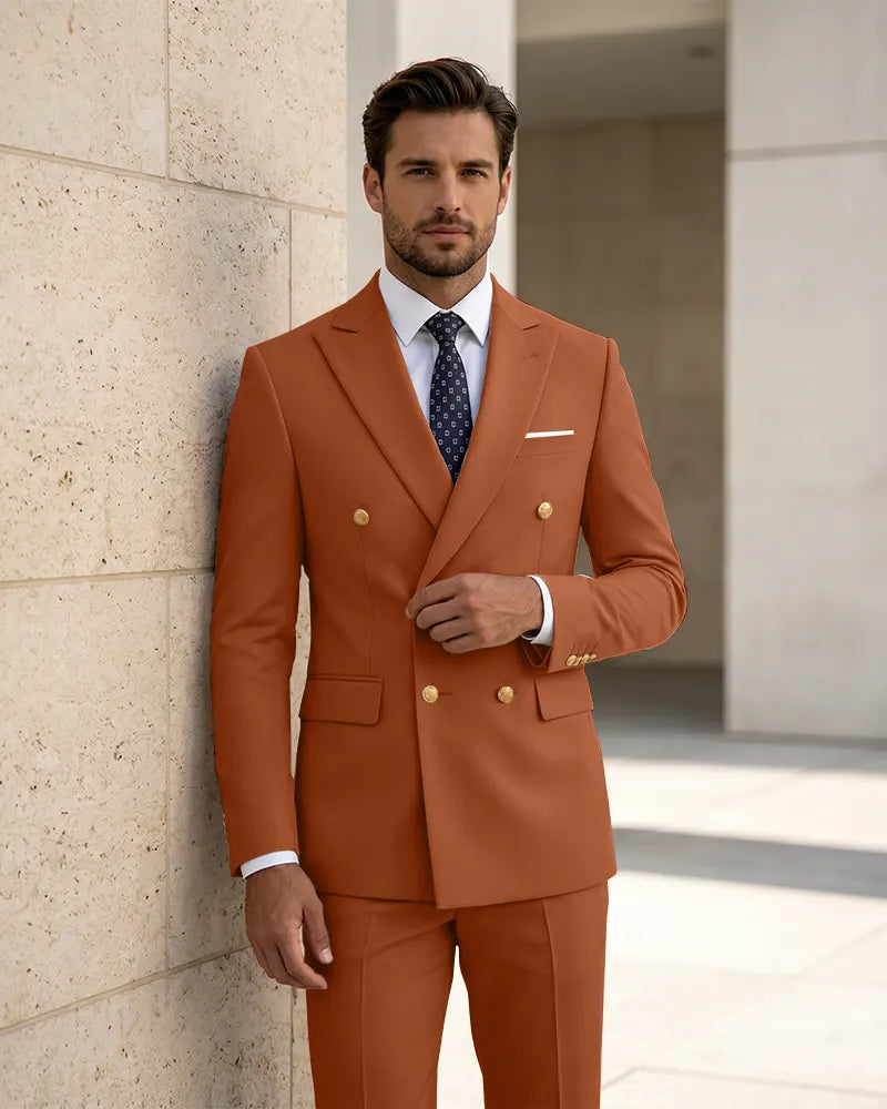 2 Piece Slim Fit Double Breasted Peak Lapel Suit -Burnt Orange -1
