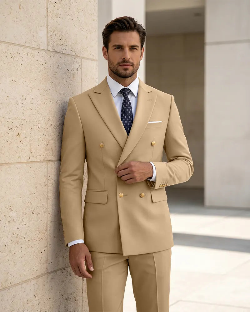 2 Piece Slim Fit Double Breasted Peak Lapel Suit -Champagne -1
