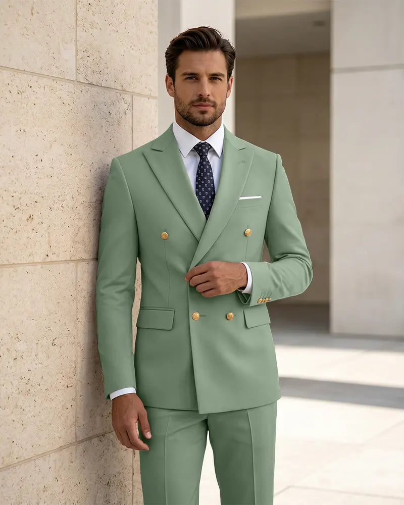 2 Piece Slim Fit Double Breasted Peak Lapel Suit -Dusty Sage -1
