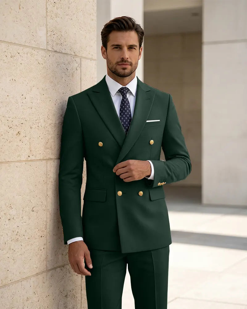 2 Piece Slim Fit Double Breasted Peak Lapel Suit -Green -1

