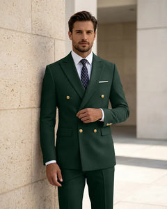 2 Piece Slim Fit Double Breasted Peak Lapel Suit -Green -1
