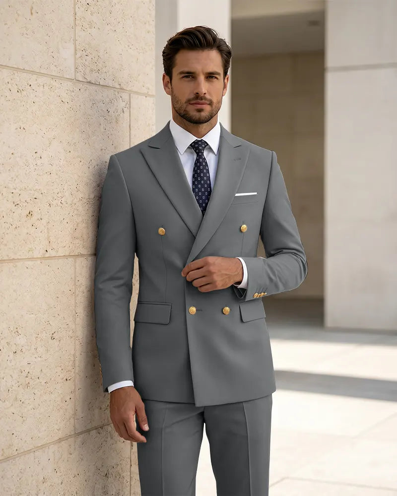 2 Piece Slim Fit Double Breasted Peak Lapel Suit -Grey -1
