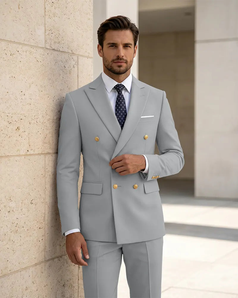 2 Piece Slim Fit Double Breasted Peak Lapel Suit -Light Grey -1
