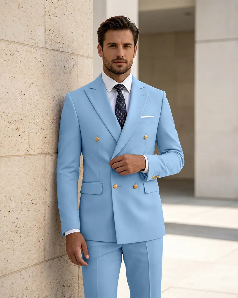 2 Piece Slim Fit Double Breasted Peak Lapel Suit -Light Sky Blue -1
