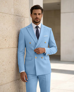 2 Piece Slim Fit Double Breasted Peak Lapel Suit -Light Sky Blue -1
