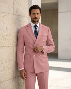 2 Piece Slim Fit Double Breasted Peak Lapel Suit -Pink -1
