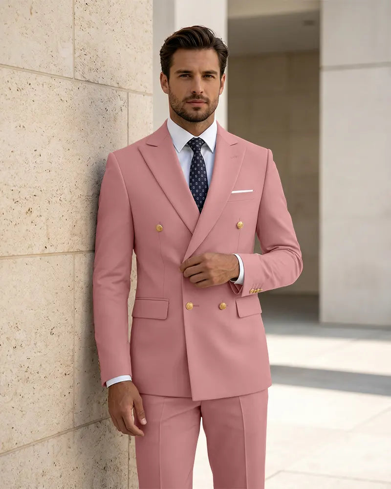2 Piece Slim Fit Double Breasted Peak Lapel Suit -Pink -1
