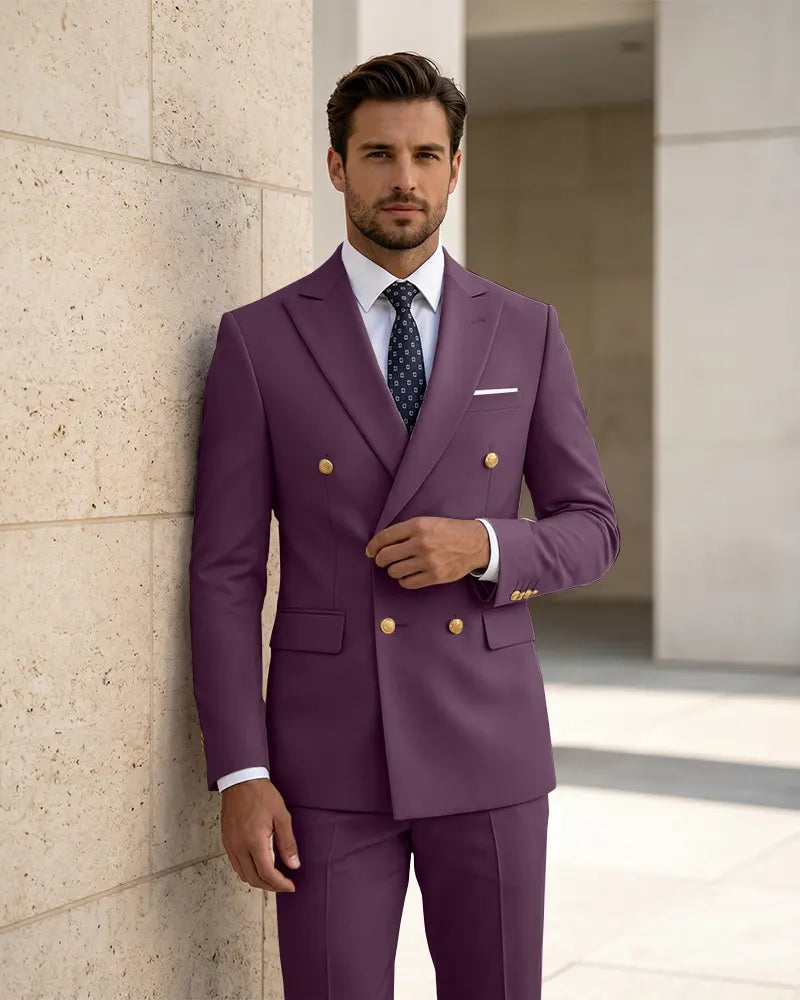 2 Piece Slim Fit Double Breasted Peak Lapel Suit -Purple -1
