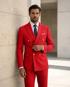 2 Piece Slim Fit Double Breasted Peak Lapel Suit -Red -1
