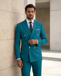 2 Piece Slim Fit Double Breasted Peak Lapel Suit -Teal -1
