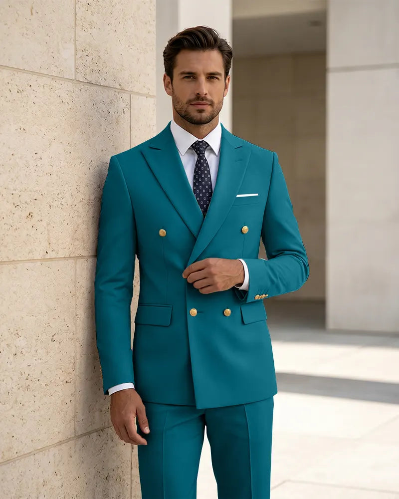 2 Piece Slim Fit Double Breasted Peak Lapel Suit -Teal -1

