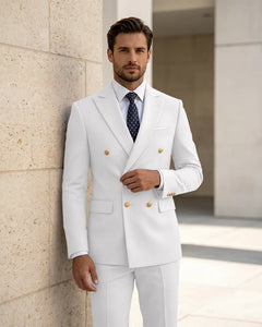 2 Piece Slim Fit Double Breasted Peak Lapel Suit -White -1
