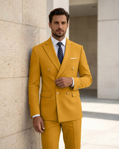 2 Piece Slim Fit Double Breasted Peak Lapel Suit -Yellow -1
