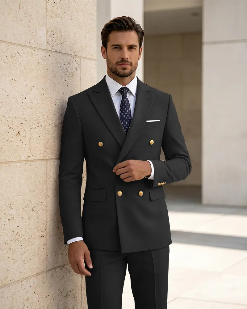 2 Piece Slim Fit Double Breasted Peak Lapel Suit -black -1
