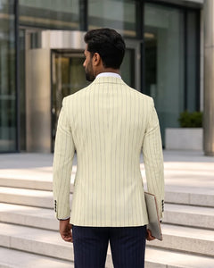 Vintage Pinstripe Notch Lapel Single Breasted Blazer-Beige-3