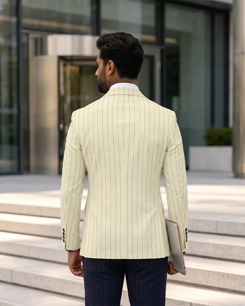 Vintage Pinstripe Notch Lapel Single Breasted Blazer-Beige-3