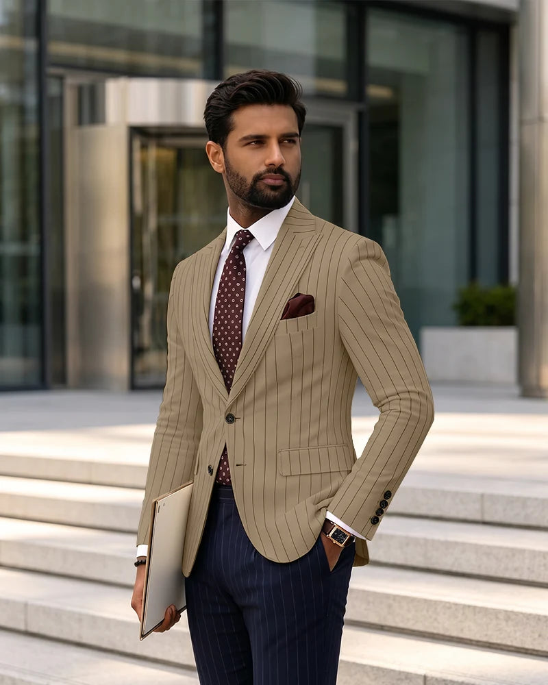 Vintage Pinstripe Notch Lapel Single Breasted Blazer-Brown-1