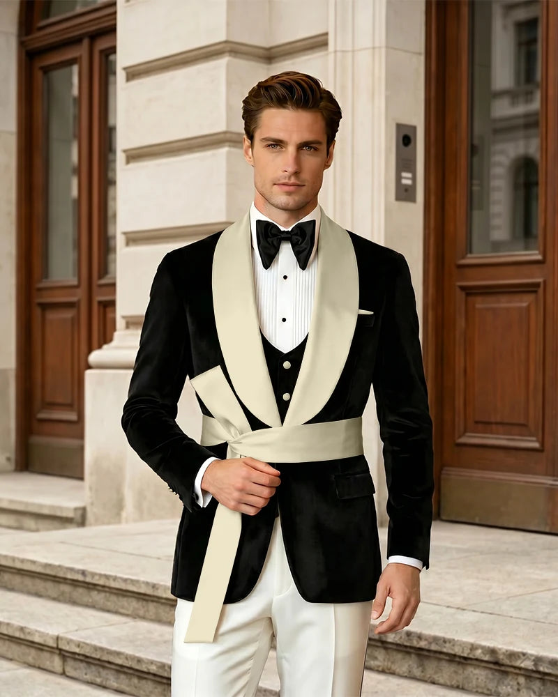 Shawl Collar Velvet Wedding Groom Suit With Waist Sash