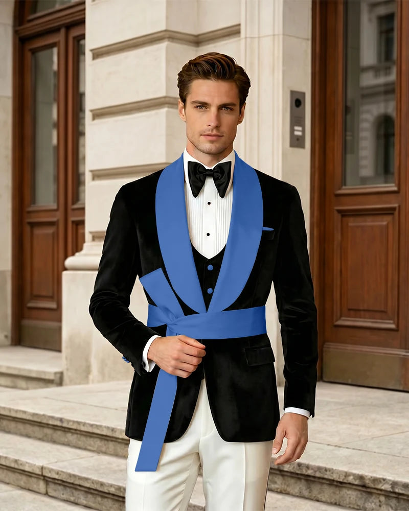 Shawl Collar Velvet Wedding Groom Suit With Waist Sash