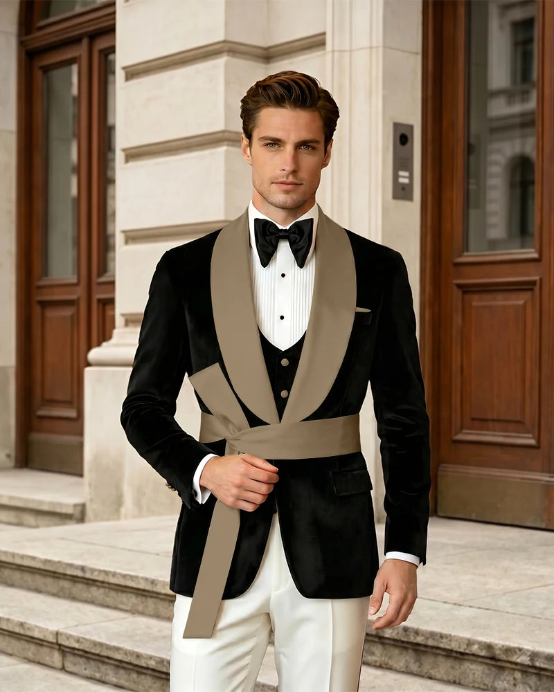 Velvet Shawl Lapel 3 Piece Suit with Contrast Lapel & Waist Sash-Brown-1